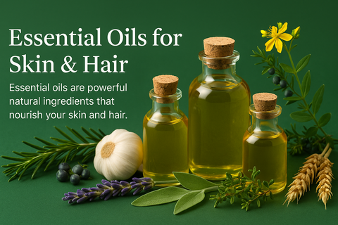 Essential oils for skin and hair – natural ingredients like rosemary, lavender, garlic, sage, thyme, wheat germ, juniper, and St. John’s Wort with glass oil bottles on a green background.