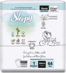 Sleepy Bio Natural Ultra Sensitive Baby Diapers | Newborn Size 1 (2-5 kg) | Pack of 64