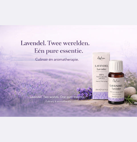 Aylmer Lavender products with lavender field in the background