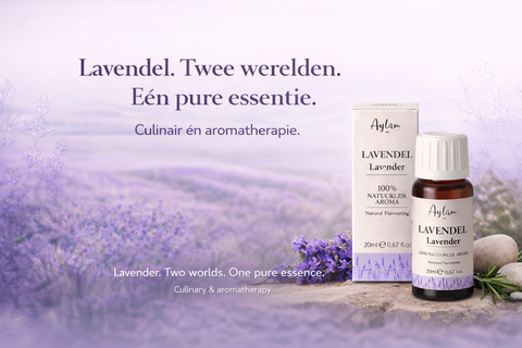 Aylmer Lavender essential oil bottles with lavender flowers in the background