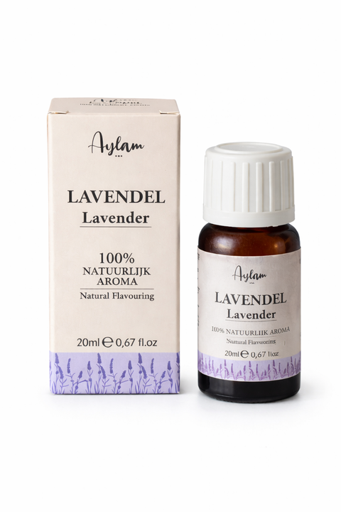 Aylam lavender essential oil bottle and packaging on a white background